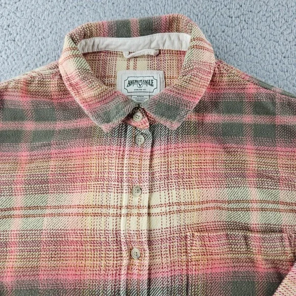 American Eagle Outfitters Shirt Mens Medium‎ Gray Beige Plaid Flannel Button Up - Picture 4 of 16
